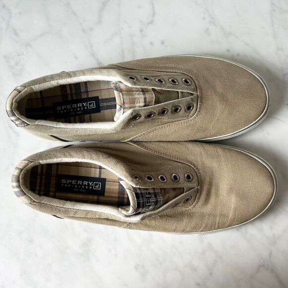 Sperry Top-Sider Tan Canvas Laceless Slip-On Sneakers Plaid Trim Men's 9.5 - Picture 6 of 7